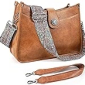 Trendy, Leather Hobo Handbag Crossbody Purses Shoulder Bucket Bag with 2 Adjust